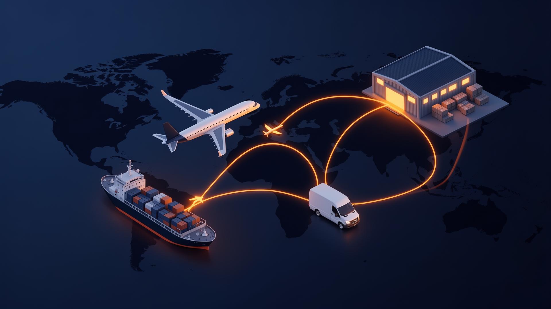 Global logistics network with planes, ships and delivery vans on a world map